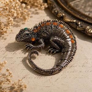 Iguana Lizard Brooch, Rhinestone & Orange Accent Statement Pin, Reptile Jewelry